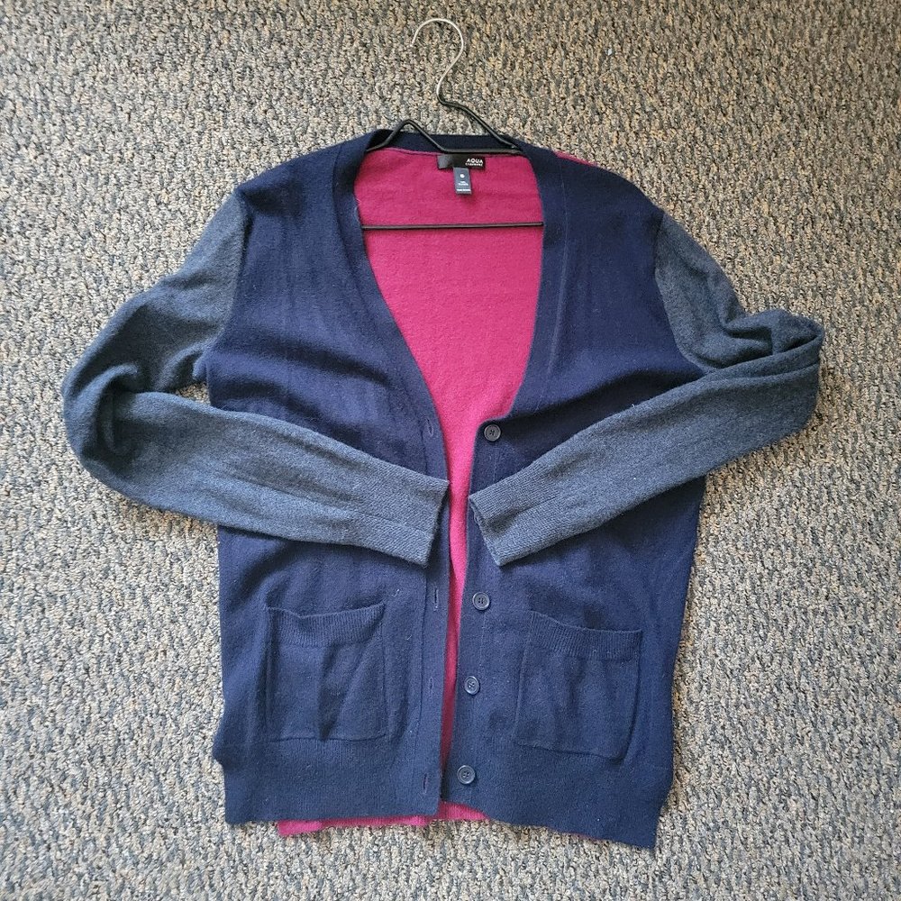 Aqua Cashmere Colorblock Cardigan Sweater Hot Pink Navy Grey Size Medium